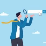 ilustração de um homem segurando uma barra de pesquisa web em uma mão e uma lupa na outra