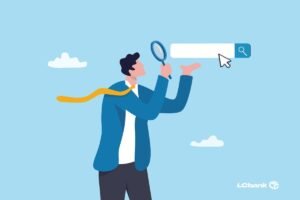 ilustração de um homem segurando uma barra de pesquisa web em uma mão e uma lupa na outra