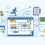 Ilustração vetorial de um calendário de planejamento financeiro com itens marcados e desmarcados, cercado por ícones de relógio, engrenagens, checklist, notas de dinheiro e lâmpada com símbolo de dólar, representando organização, produtividade e gestão financeira.