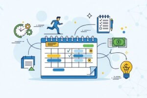 Ilustração vetorial de um calendário de planejamento financeiro com itens marcados e desmarcados, cercado por ícones de relógio, engrenagens, checklist, notas de dinheiro e lâmpada com símbolo de dólar, representando organização, produtividade e gestão financeira.