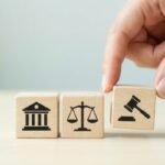 Blocos de madeira com ícones de tribunal, balança da justiça e martelo do juiz, representando processos judiciais, precatórios, RPVs e decisões da Justiça.