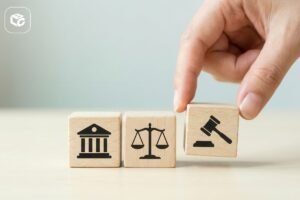 Blocos de madeira com ícones de tribunal, balança da justiça e martelo do juiz, representando processos judiciais, precatórios, RPVs e decisões da Justiça.